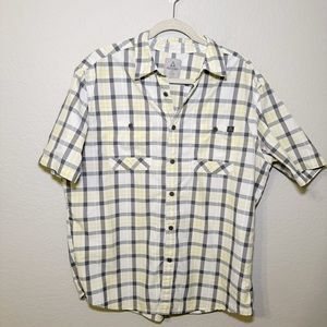 Ascend Men's Yellow Plaid Short Sleeve Button Down‎ Nylon Blend Outdoor Shirt L